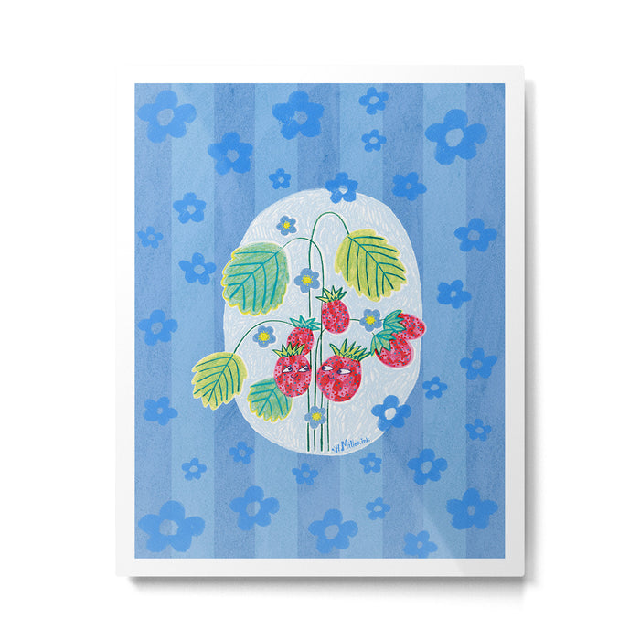 Sweet Strawberry Plant Friends in Sky Blue & Pink Metal Print Gallery Image 1