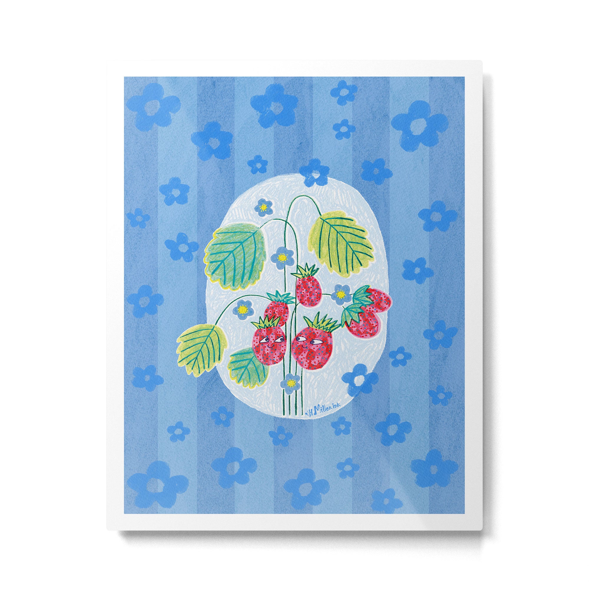 Sweet Strawberry Plant Friends in Sky Blue & Pink Metal Print Gallery Image 4