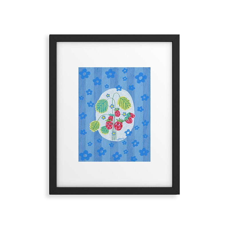 Sweet Strawberry Plant Friends in Sky Blue & Pink Framed Art Print Gallery Image 5