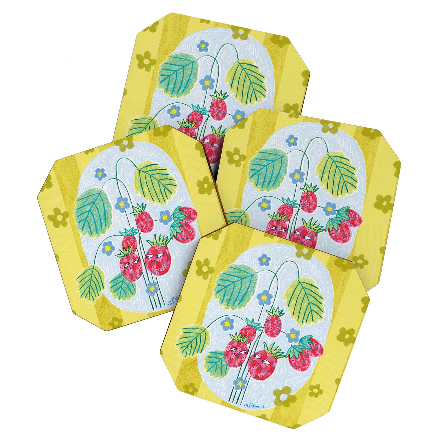 Sweet Strawberry Plant Friends in Yellow & Pink Coaster Gallery Image 1