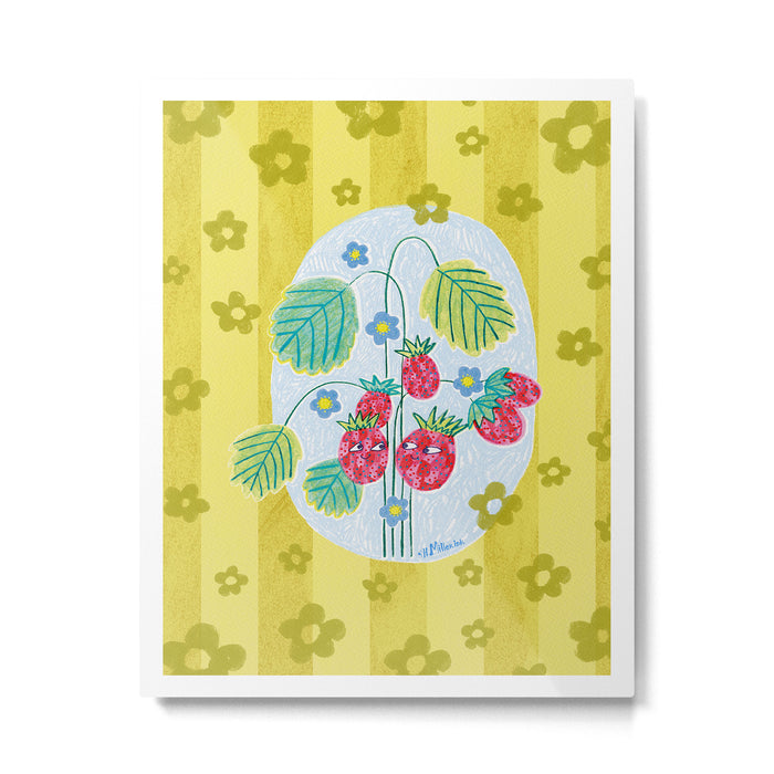 Sweet Strawberry Plant Friends in Yellow & Pink Metal Print Gallery Image 1