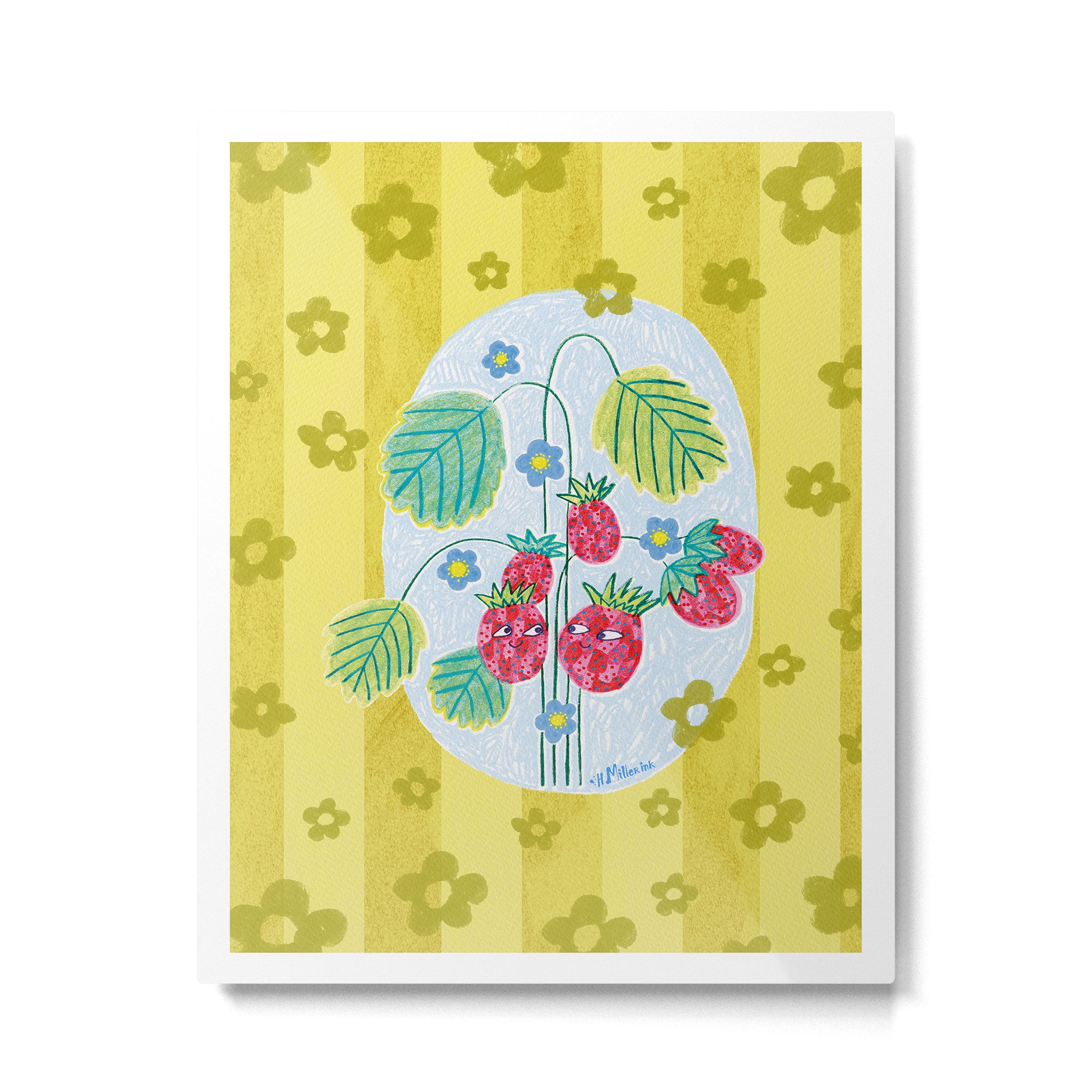Sweet Strawberry Plant Friends in Yellow & Pink Metal Print Gallery Image 4