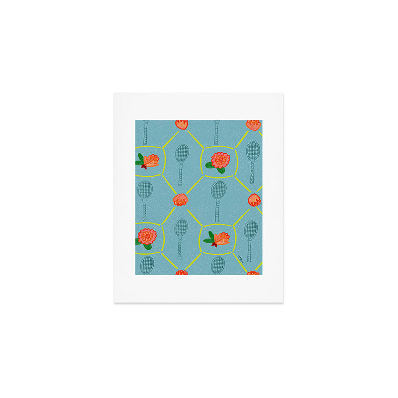 Tennis Rackets & Roses in Warm Blue & Peach Art Print Gallery Image 1