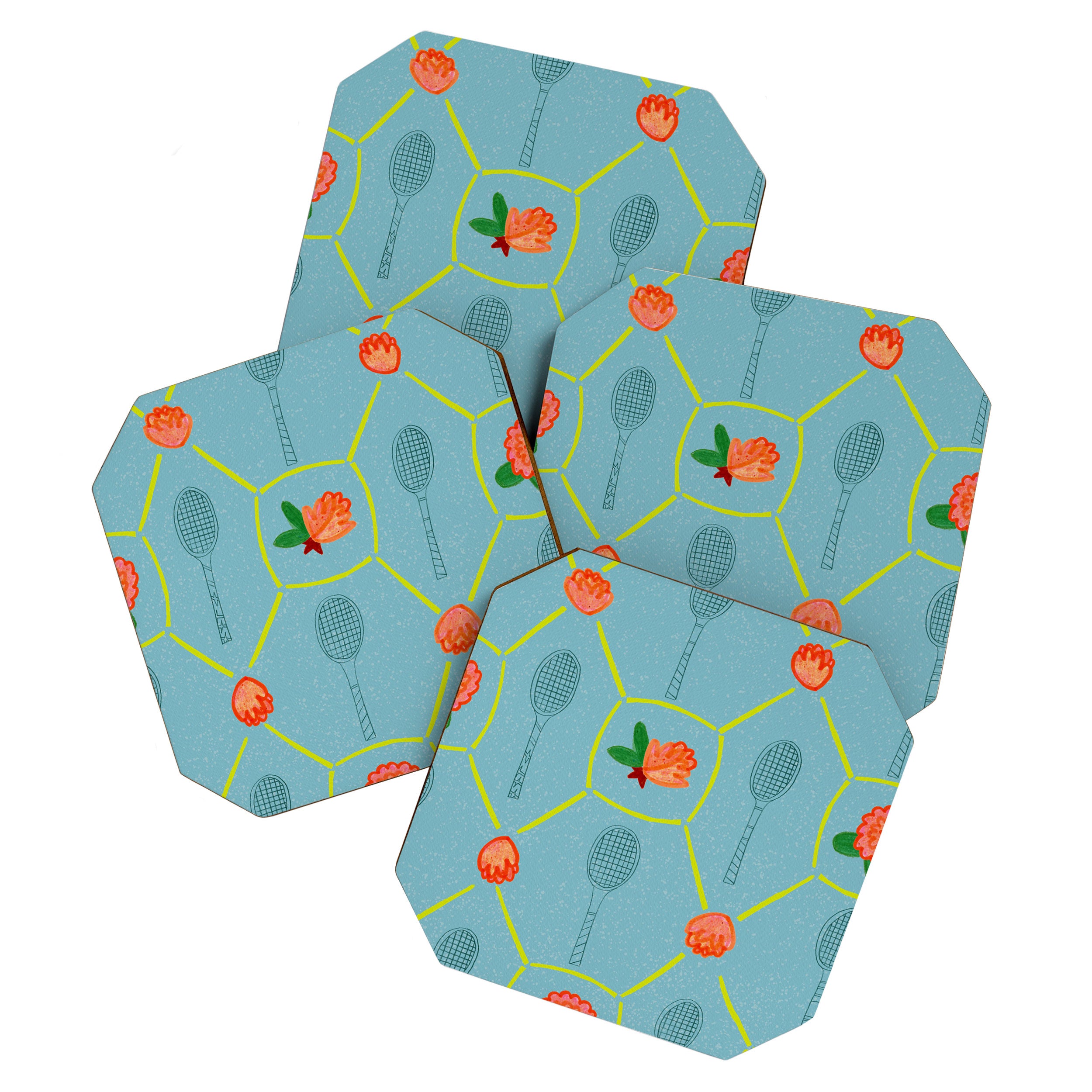 Tennis Rackets & Roses in Warm Blue & Peach Coaster Gallery Image 1
