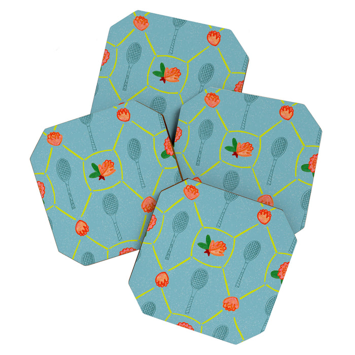 Tennis Rackets & Roses in Warm Blue & Peach Coaster Gallery Image 1