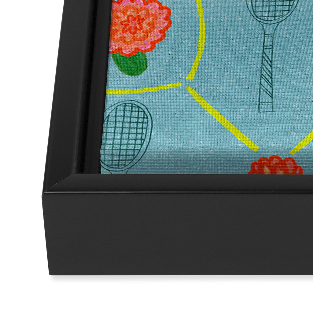 Tennis Rackets & Roses in Warm Blue & Peach Framed Canvas Print Gallery Image 3