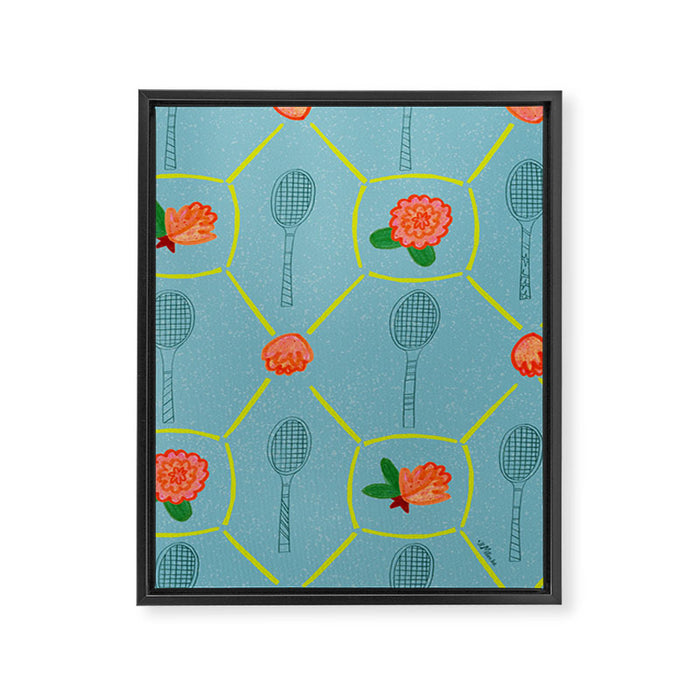 Tennis Rackets & Roses in Warm Blue & Peach Framed Canvas Print Gallery Image 1