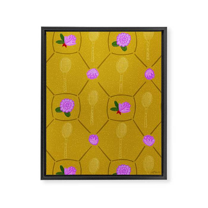 Tennis Rackets & Roses in Ochre & Purple Framed Canvas Print Gallery Image 1