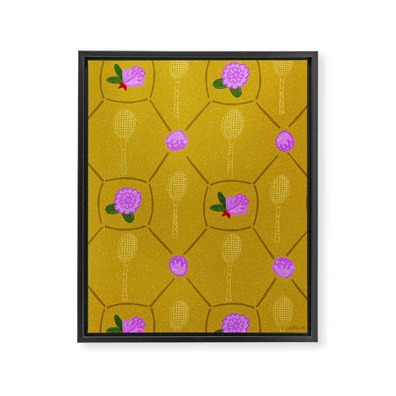 Tennis Rackets & Roses in Ochre & Purple Framed Canvas Print Gallery Image 3
