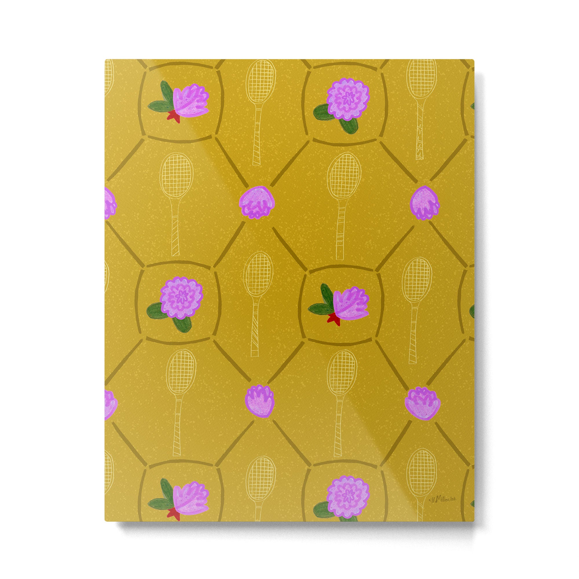 Tennis Rackets & Roses in Ochre & Purple Metal Print Gallery Image 4
