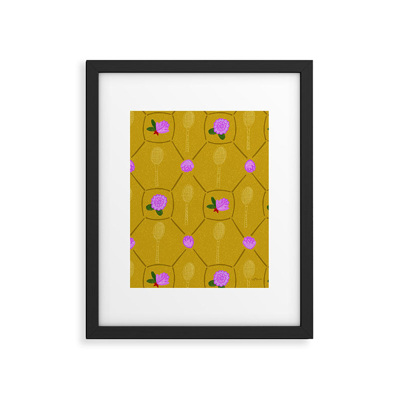 Tennis Rackets & Roses in Ochre & Purple Framed Art Print Gallery Image 4