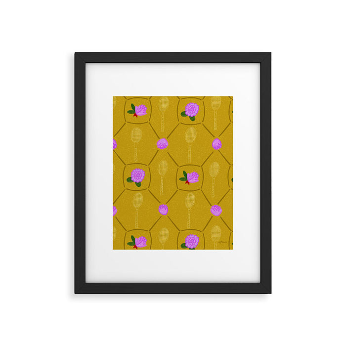 Tennis Rackets & Roses in Ochre & Purple Framed Art Print Gallery Image 1