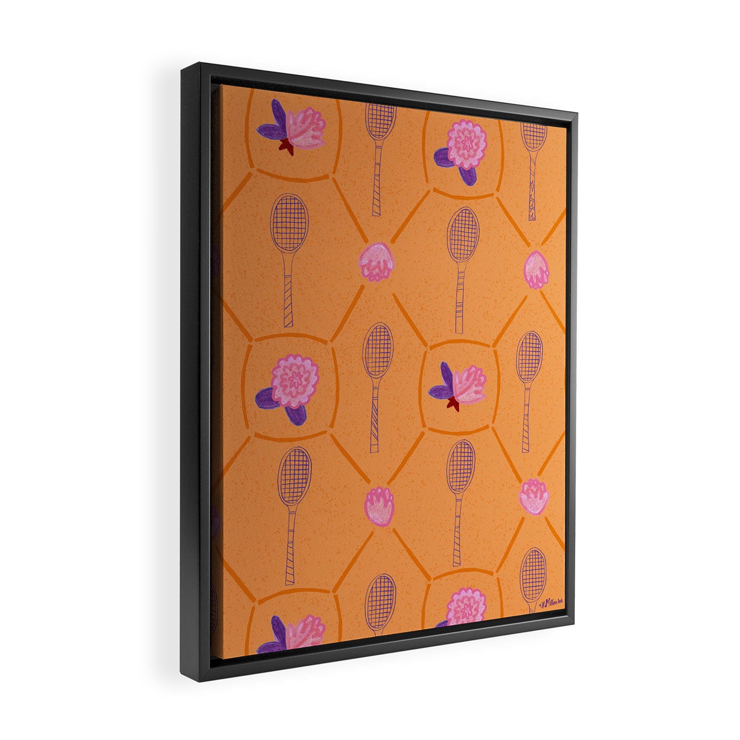 Tennis Rackets & Roses in Peach & Orange Framed Canvas Print Gallery Image 2