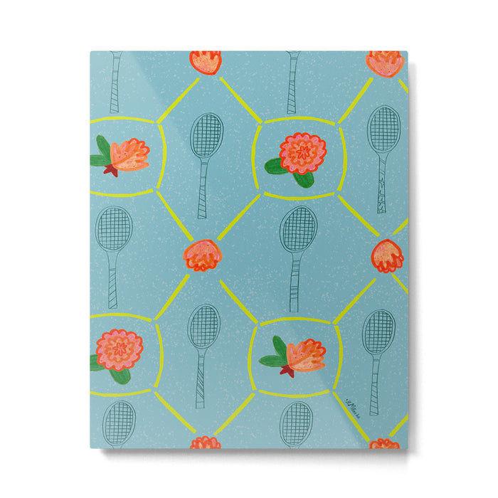 Tennis Rackets & Roses in Warm Blue & Peach Metal Print Gallery Image 1