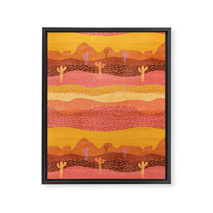 Vintage Western Desert Landscape in Golden Sunrise & Peach Framed Canvas Print Gallery Image 1