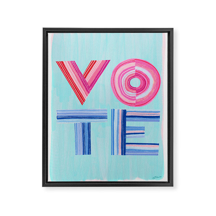 Vote Hand Lettering on Blue Watercolor Background Framed Canvas Print Gallery Image 1