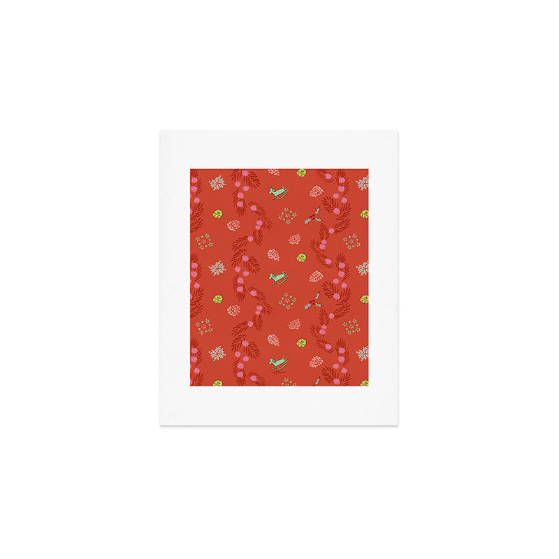 Whimsical Tiny Toys & Pine Branches in Red Art Print Gallery Image 1