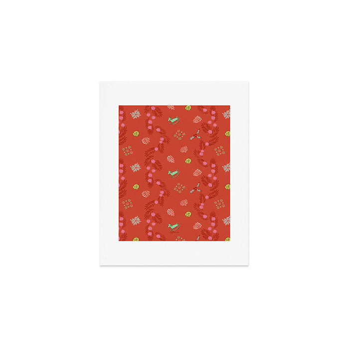 Whimsical Tiny Toys & Pine Branches in Red Art Print Gallery Image 1