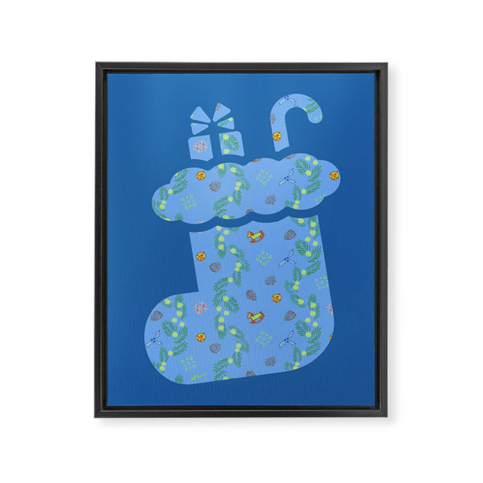 Whimsical Tiny Toys & Pine Branches in Blue Framed Canvas Print Gallery Image 1