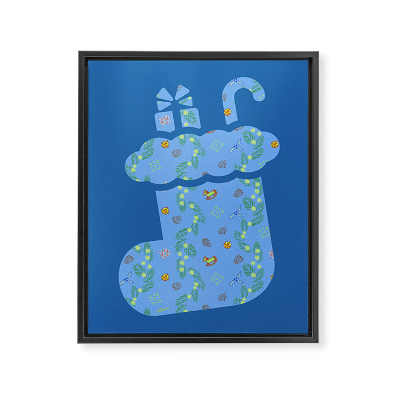 Whimsical Tiny Toys & Pine Branches in Blue Framed Canvas Print Gallery Image 6