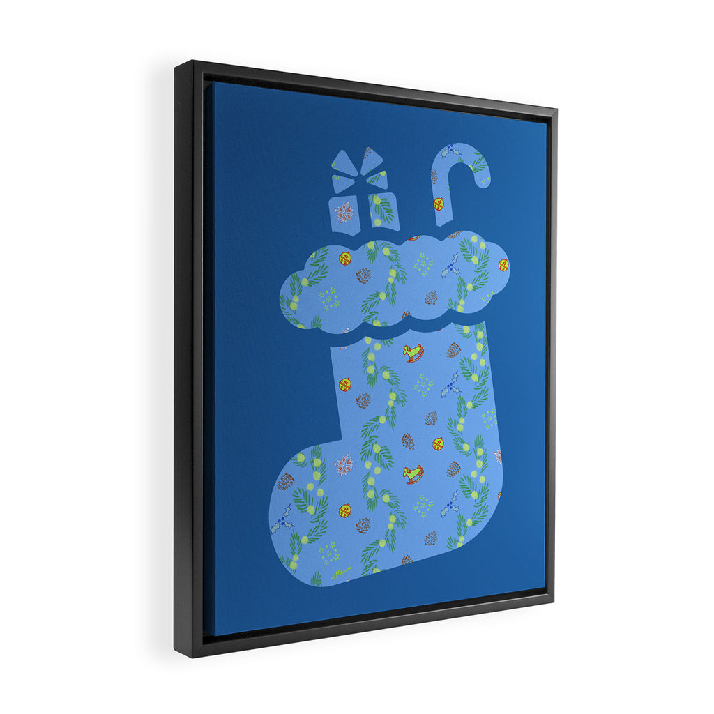 Whimsical Tiny Toys & Pine Branches in Blue Framed Canvas Print Gallery Image 2