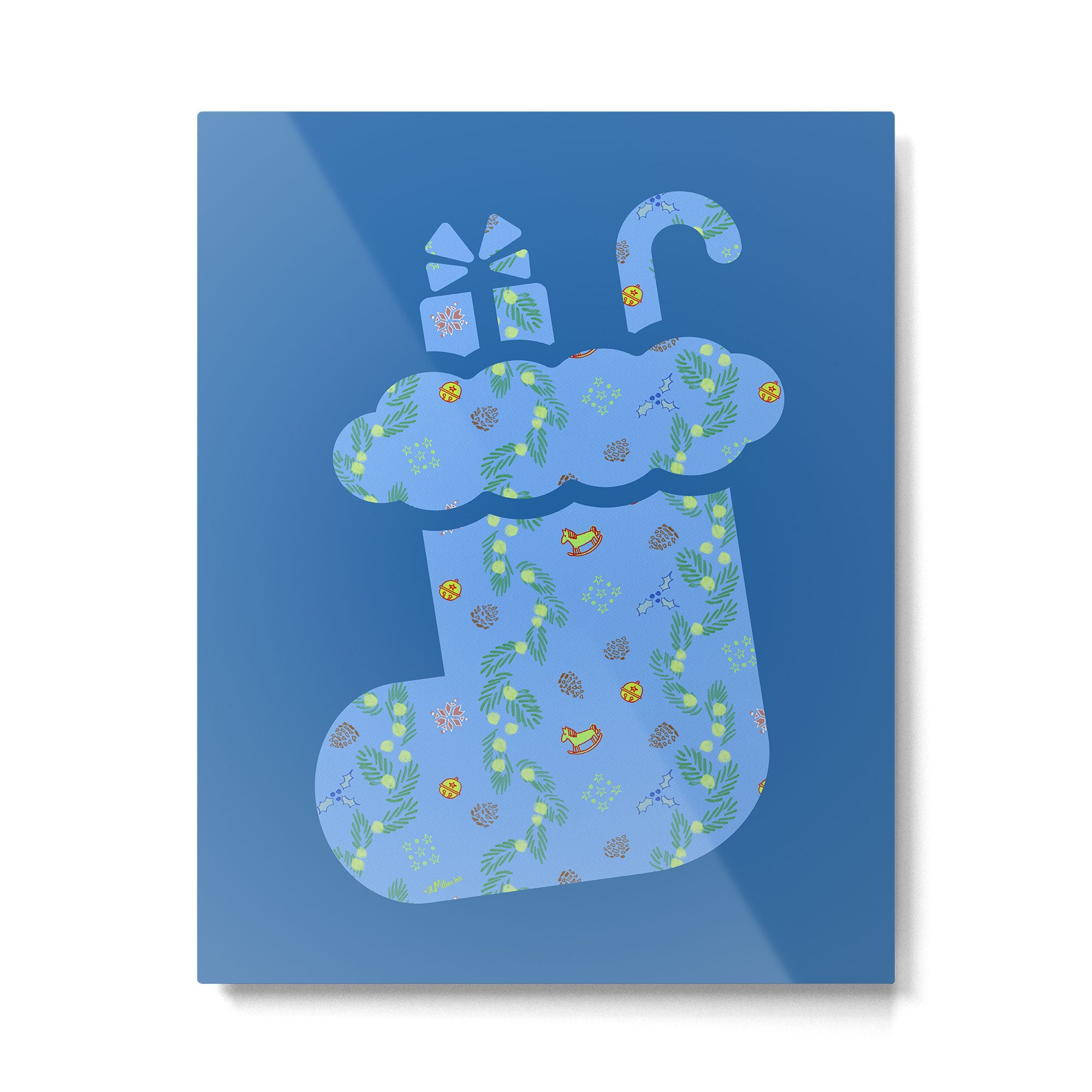 Whimsical Tiny Toys & Pine Branches in Blue Metal Print Gallery Image 4