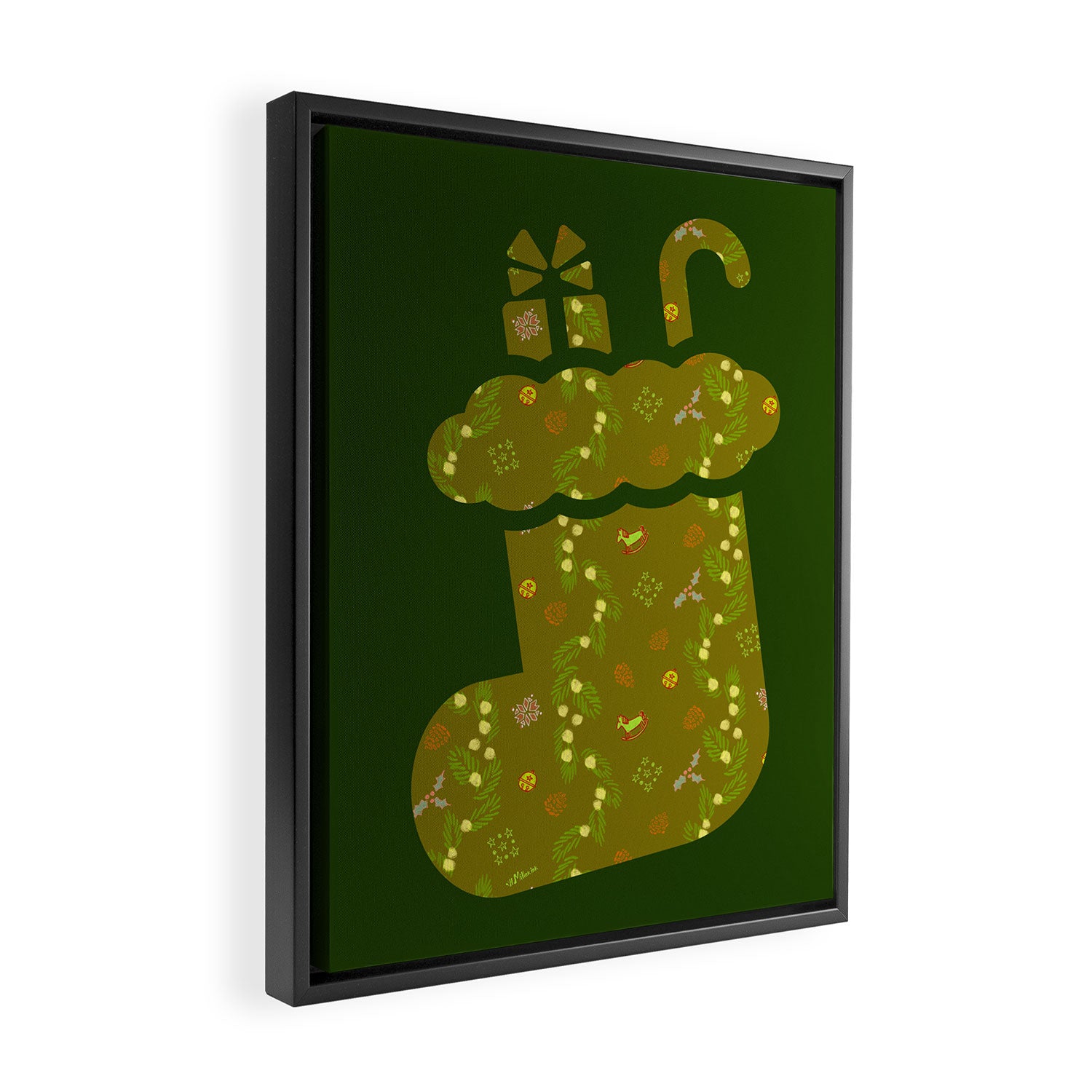 Whimsical Tiny Toys & Pine Branches in Green Framed Canvas Print Gallery Image 2