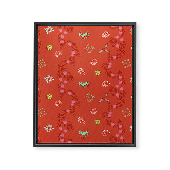 Whimsical Tiny Toys & Pine Branches in Red Framed Canvas Print Gallery Image 1