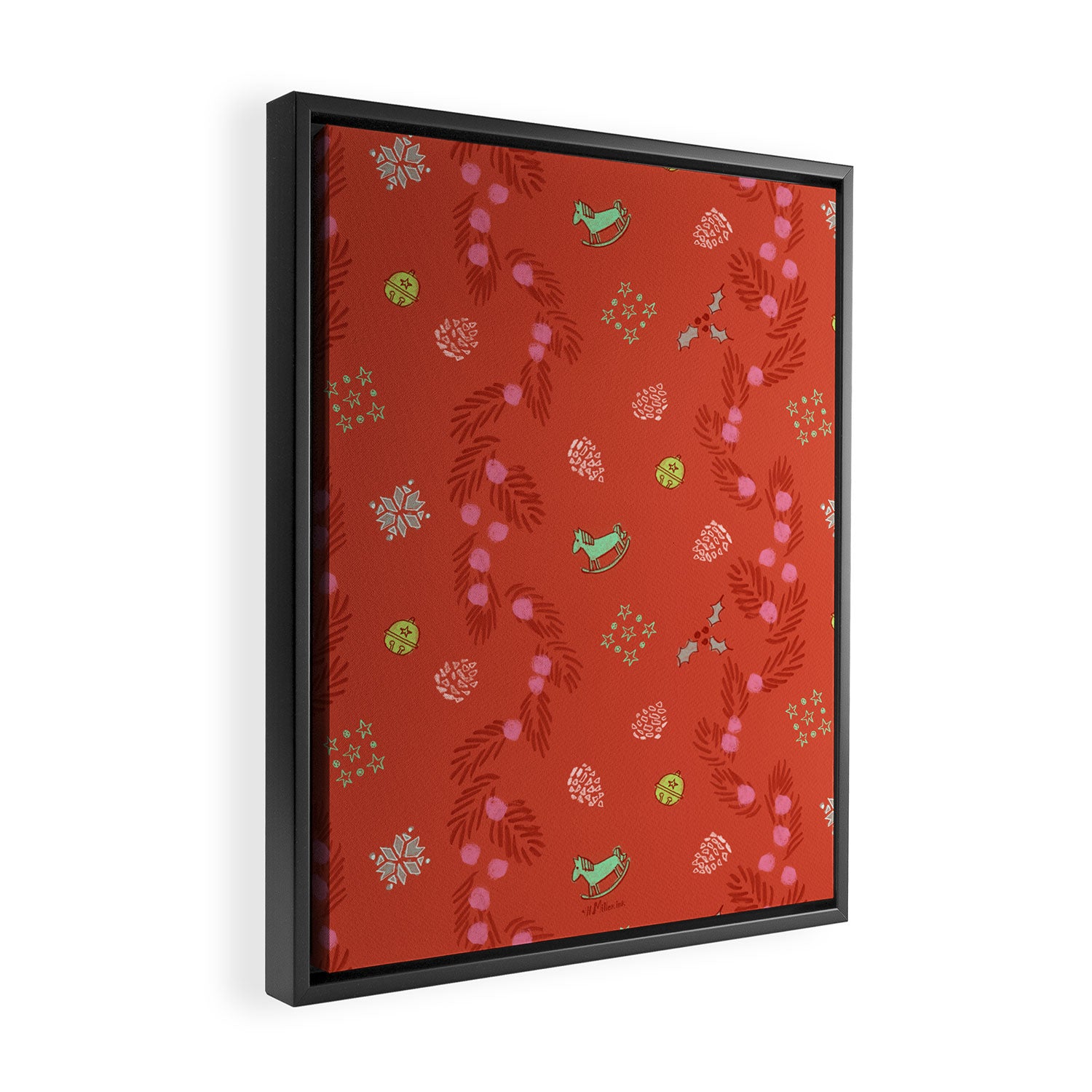 Whimsical Tiny Toys & Pine Branches in Red Framed Canvas Print Gallery Image 2