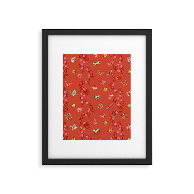 Whimsical Tiny Toys & Pine Branches in Red Framed Art Print Gallery Image 4