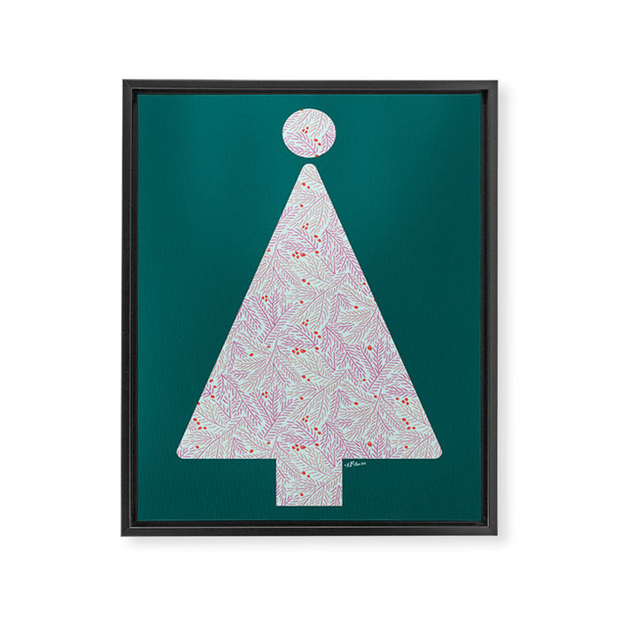 Winter Berries & Pine Branches in Teal & Pink Framed Canvas Print Gallery Image 1
