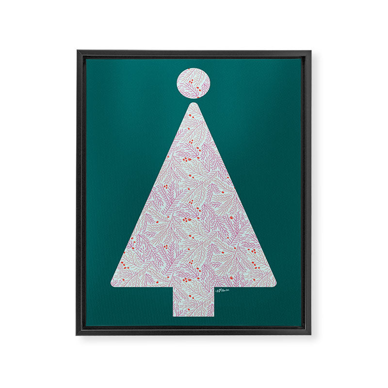 Winter Berries & Pine Branches in Teal & Pink Framed Canvas Print Gallery Image 6