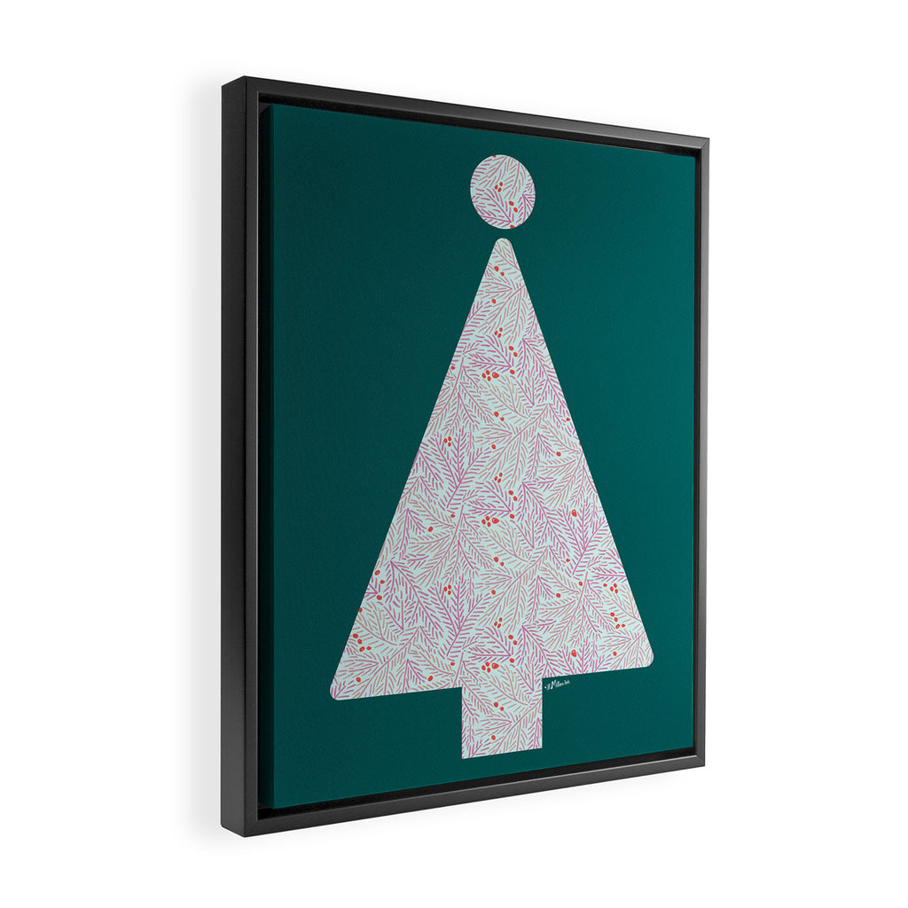 Winter Berries & Pine Branches in Teal & Pink Framed Canvas Print Gallery Image 2