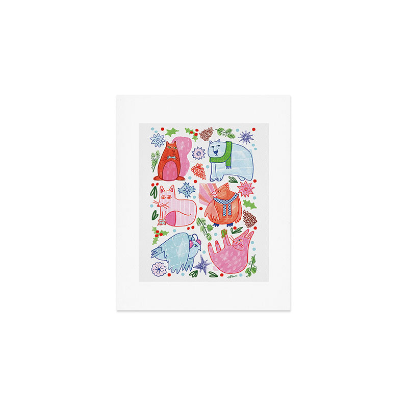 Winter Forest Woodland Animals in Pink & Blue Art Print Gallery Image 1