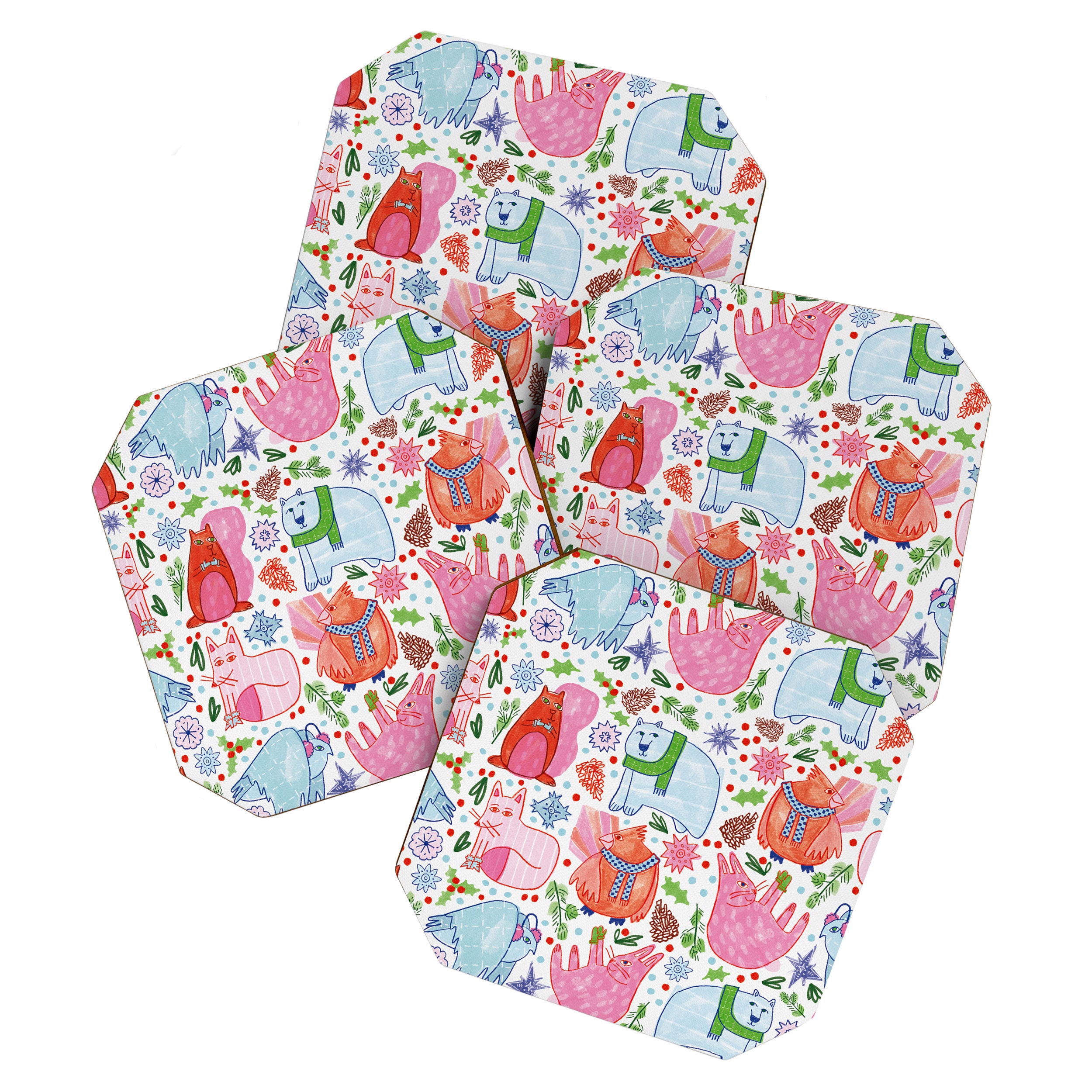 Winter Forest Woodland Animals in Pink & Blue Coaster Gallery Image 1