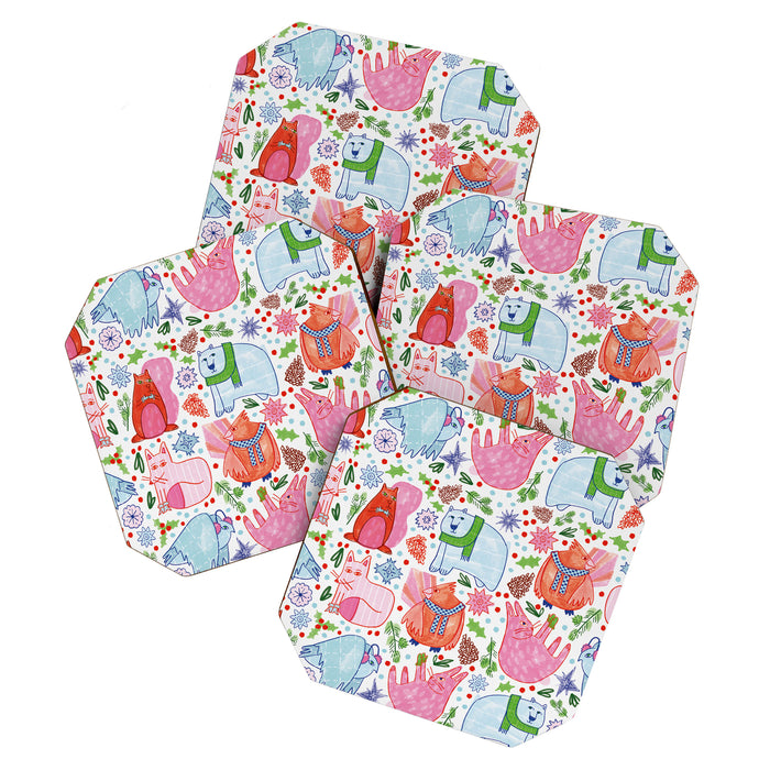 Winter Forest Woodland Animals in Pink & Blue Coaster Gallery Image 1
