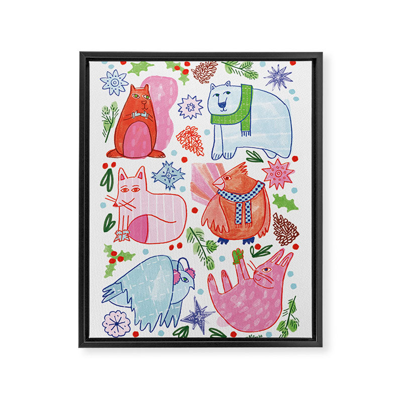 Winter Forest Woodland Animals in Pink & Blue Framed Canvas Print Gallery Image 6