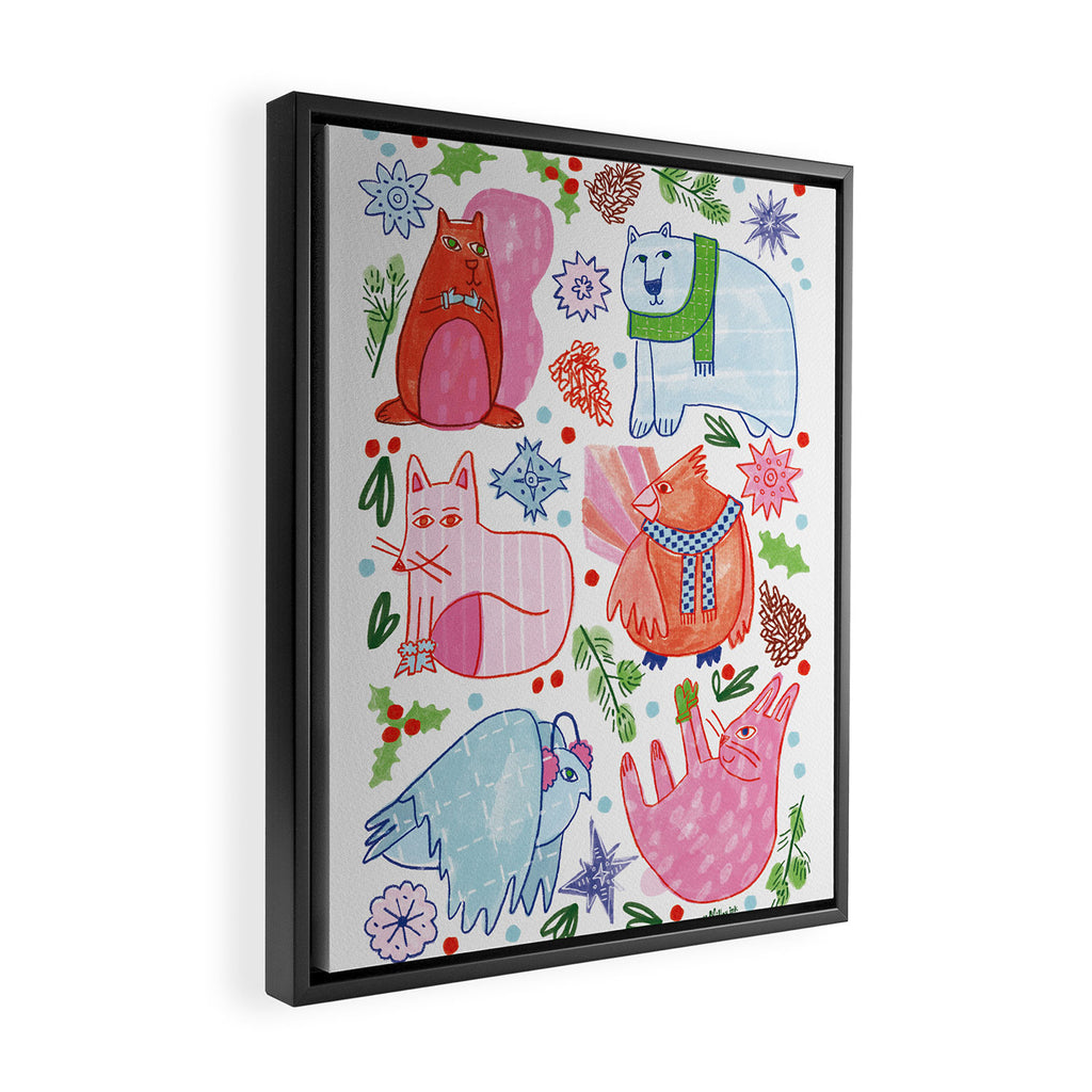 Winter Forest Woodland Animals in Pink & Blue Framed Canvas Print Gallery Image 2