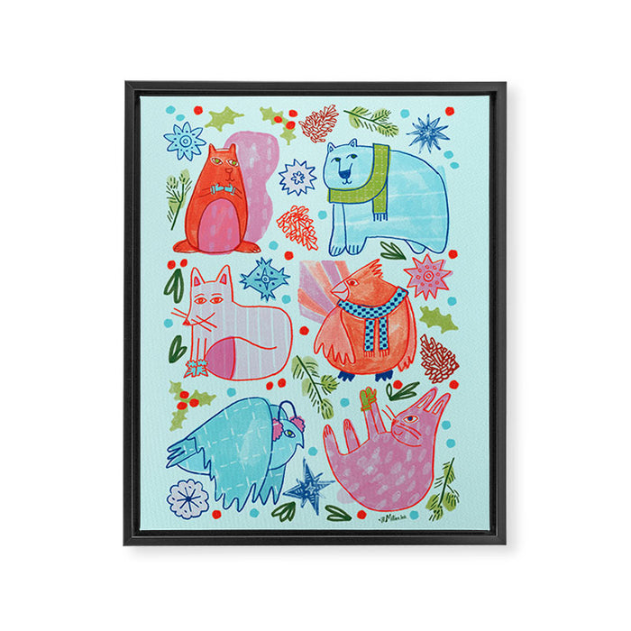 Winter Forest Woodland Animals in Arctic Blue Framed Canvas Print Gallery Image 1