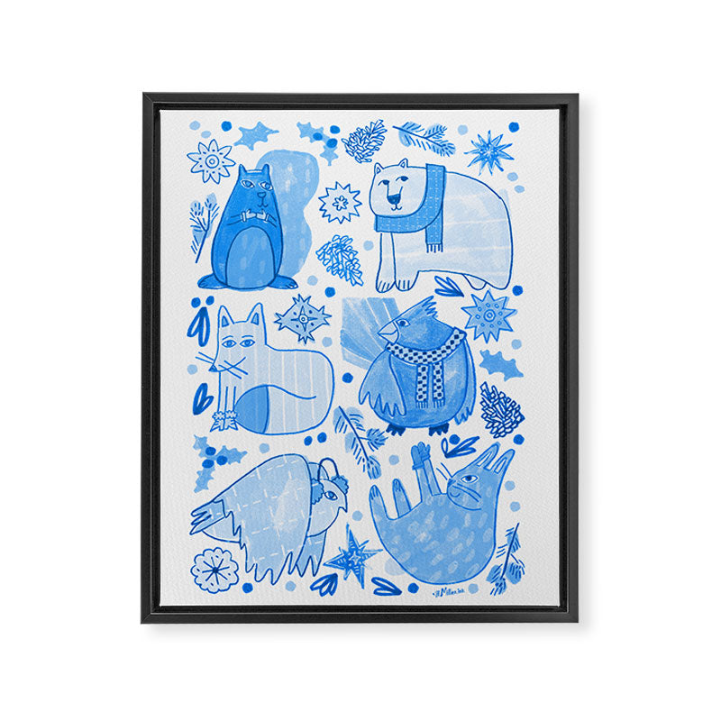 Winter Forest Woodland Animals in Blue Framed Canvas Print Gallery Image 6