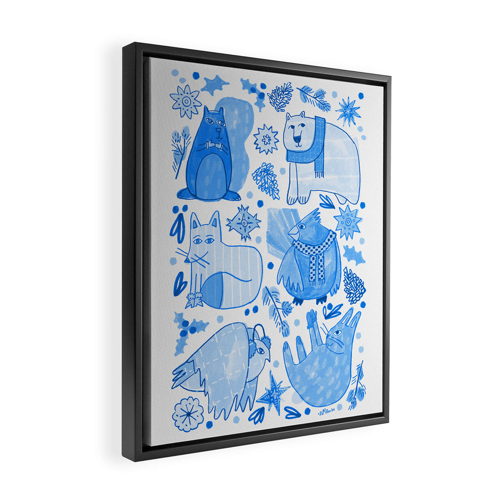 Winter Forest Woodland Animals in Blue Framed Canvas Print Gallery Image 2