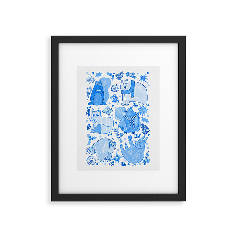 Winter Forest Woodland Animals in Blue Framed Art Print Gallery Image 5