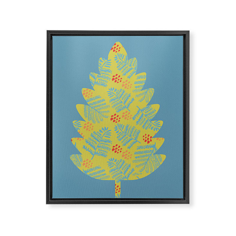Winter & Woodsy Pine Trees in Yellow & Blue Framed Canvas Print Gallery Image 6
