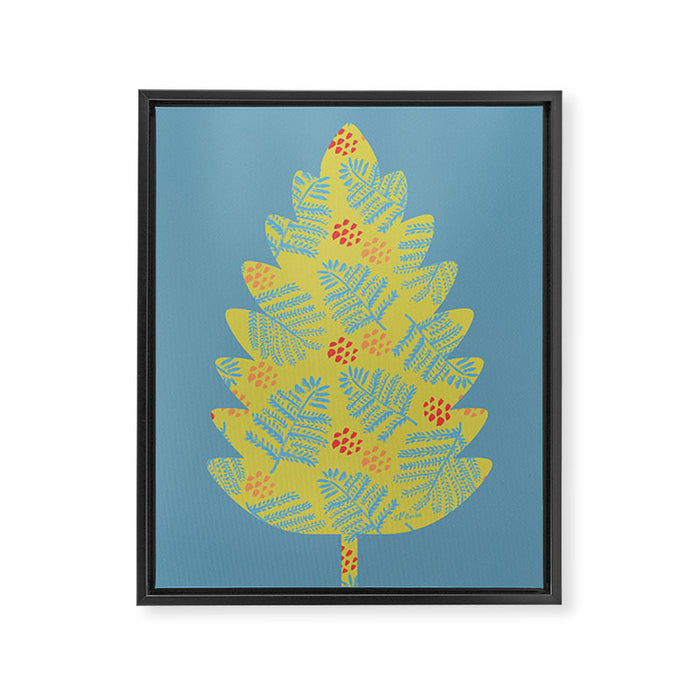 Winter & Woodsy Pine Trees in Yellow & Blue Framed Canvas Print Gallery Image 1