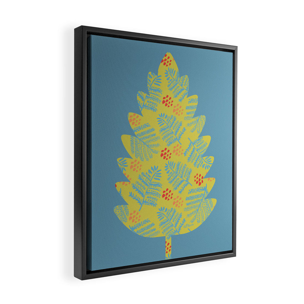 Winter & Woodsy Pine Trees in Yellow & Blue Framed Canvas Print Gallery Image 2