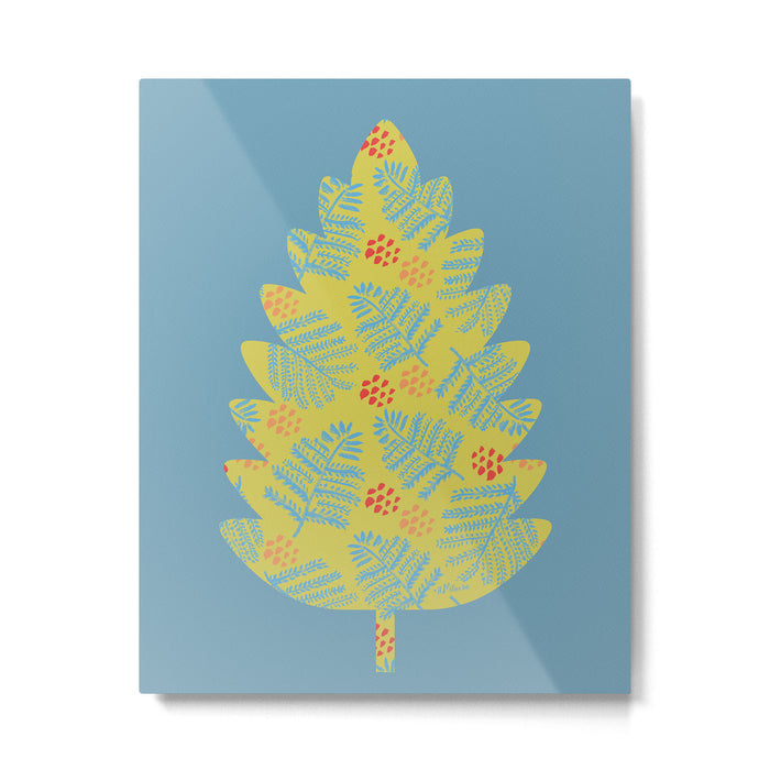 Winter & Woodsy Pine Trees in Yellow & Blue Metal Print Gallery Image 1