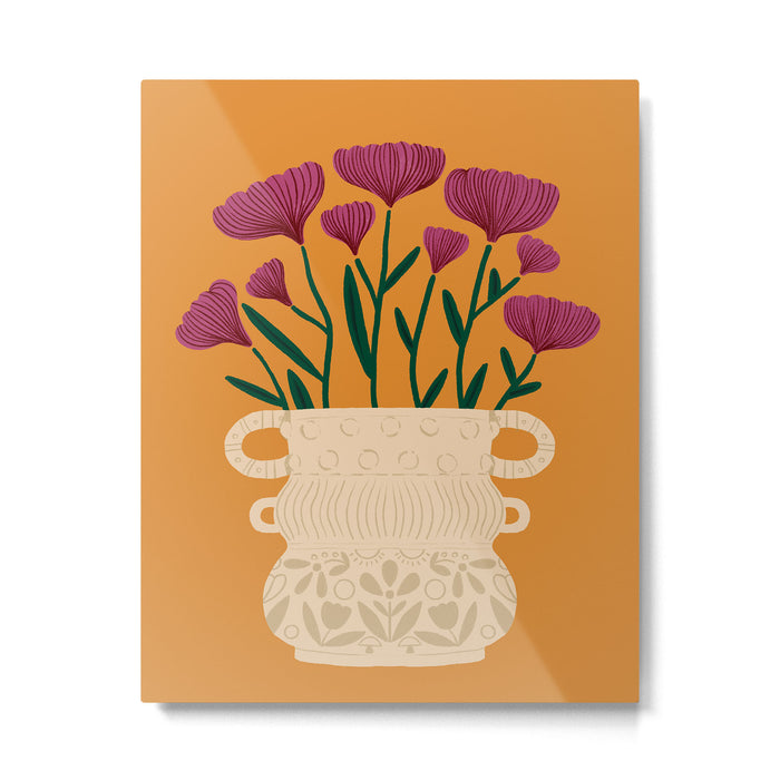 Ivory Vintage Flower Vase on Marigold Metal Print Gallery Image 1