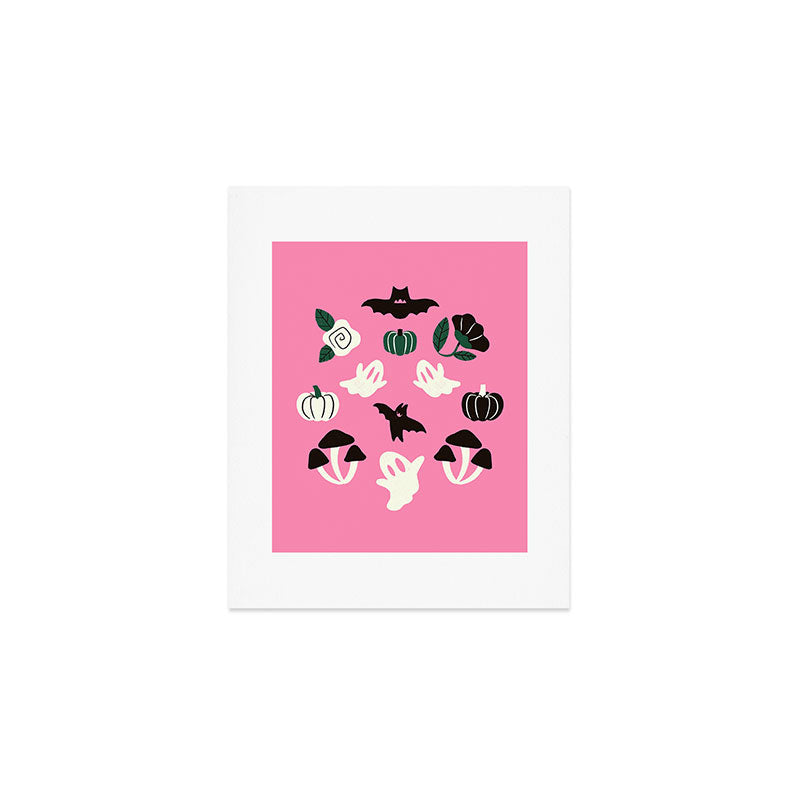 Pink Ghosts, Mushrooms, Bats, and Flowers Pattern Art Print Gallery Image 1