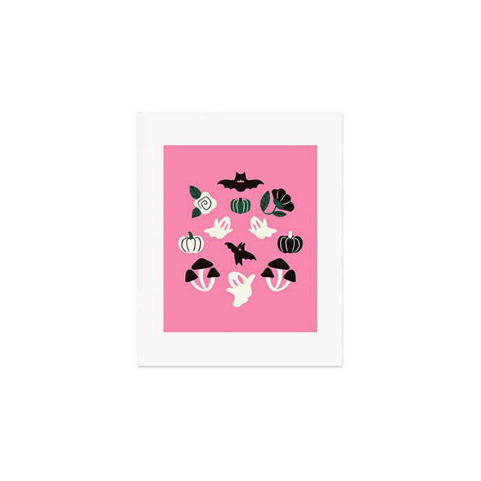Pink Ghosts, Mushrooms, Bats, and Flowers Pattern Art Print Gallery Image 1