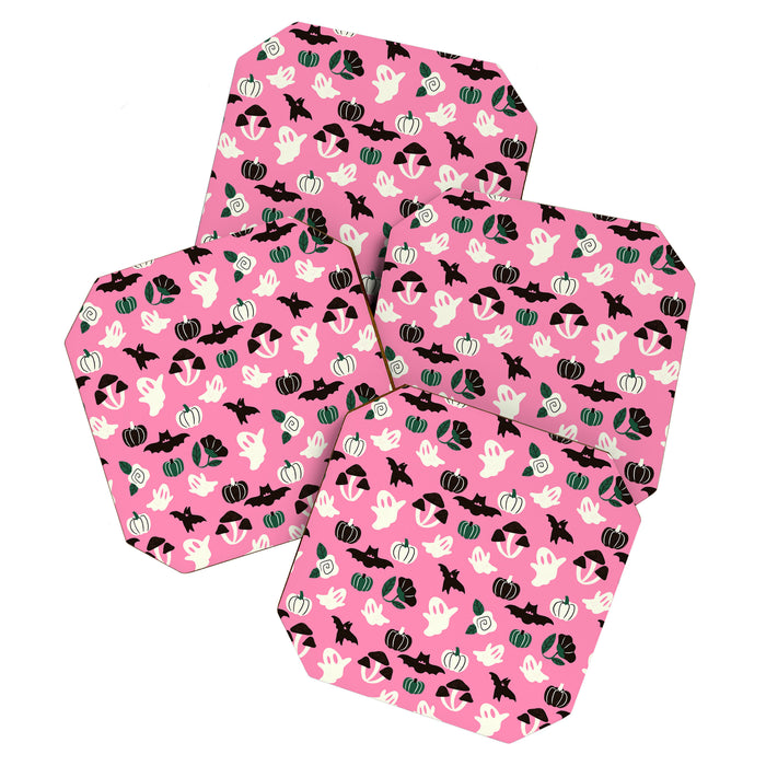 Pink Ghosts, Mushrooms, Bats, and Flowers Pattern Coaster Gallery Image 1